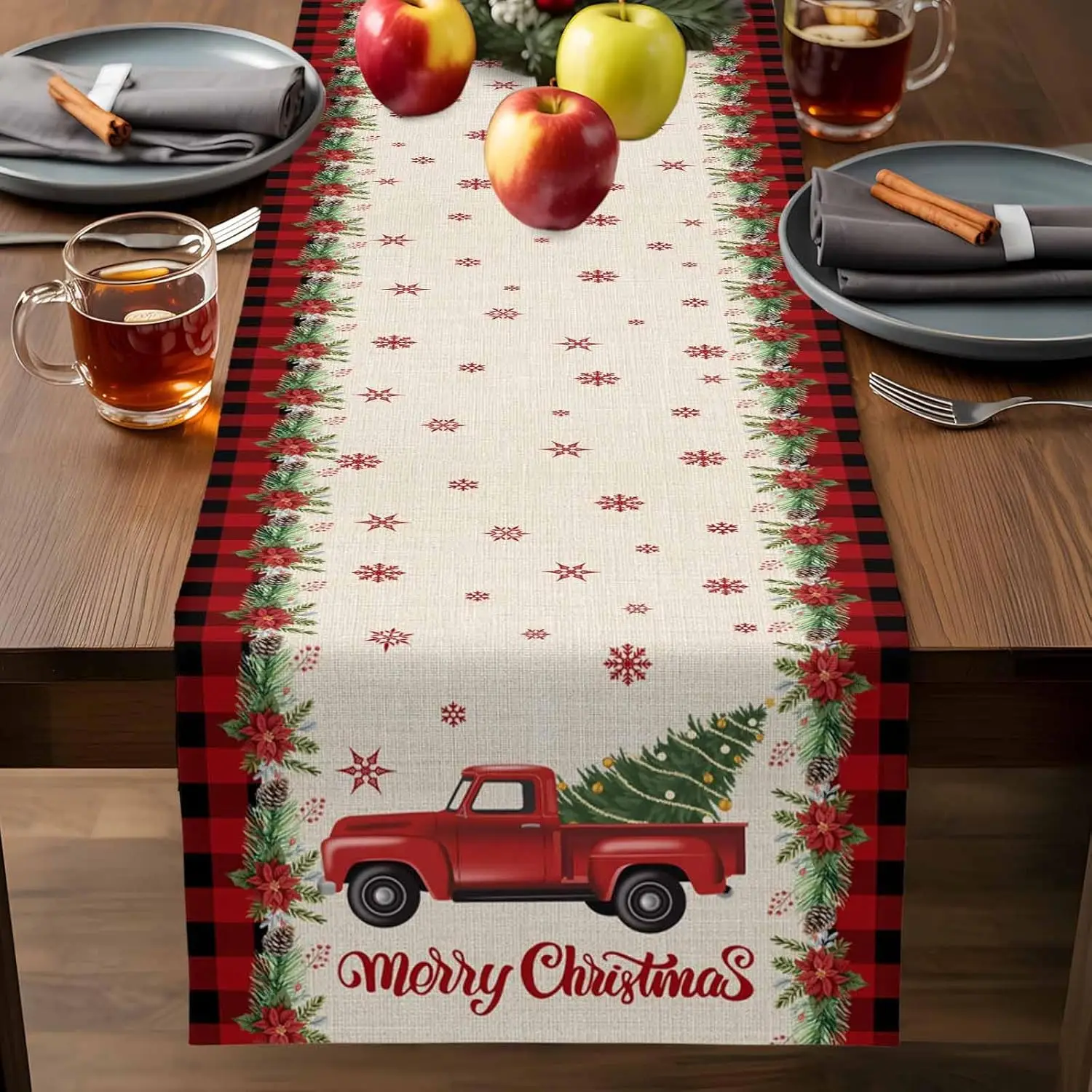 Christmas Truck Pine Needles Plaid Linen Table Runner Party Decor Winter Xmas Kitchen Dining Table Runners Christmas Decorations