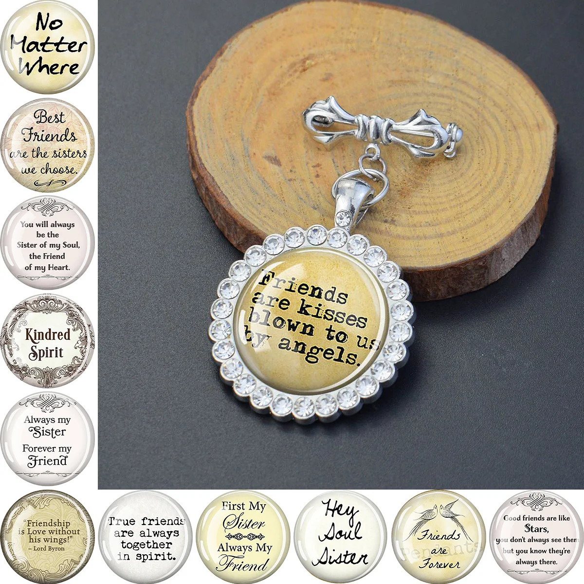 1PC Friendship Declaration Pattern Glass Brooch, Paired with Synthetic Zircon Bordered Pendant, Ideal Gift for Festival Parties