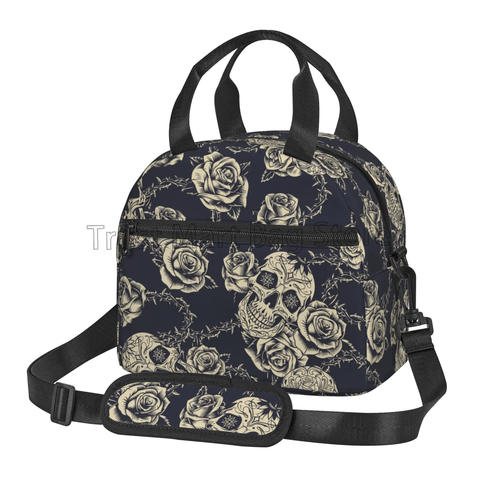 Vintage Tattoos Skull Rose Insulated Lunch Bag Women Waterproof Reusable Thermal Bento Lunch Box with Adjustable Shoulder Strap