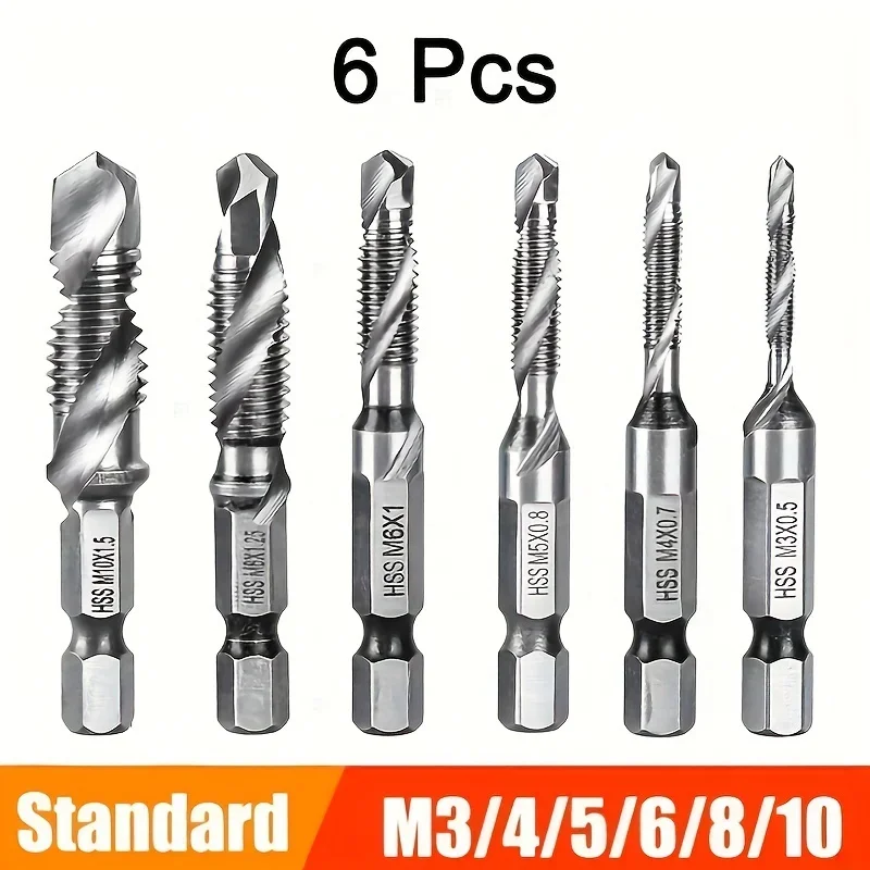 6pcs Drill Tap Combination Bit Set - Metric Thread M3 M4 M5 M6 M8 M10 Taps Tool For Screw Tapping Countersink Drilling
