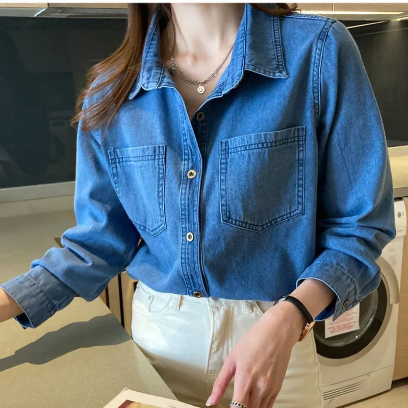 

Jackets Women Spring Fall Denim Streetwear All-match Korean Style Vintage Outwear Solid Turn Down Collar Fashion Casual Straight