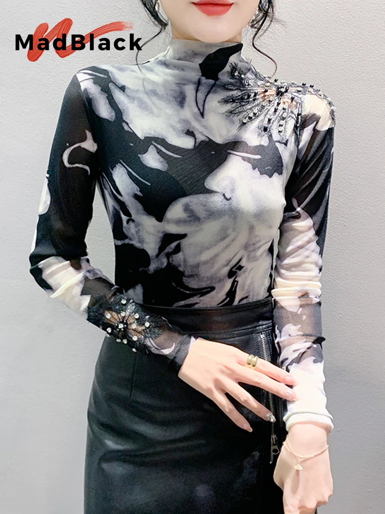 

MadBlack-женская европейская футболка, сексуальные топы с водолазкой и ромбовидным принтом, модная тонкая сетчатая футболка с длинными рукавами, осень-зима T4N308CC