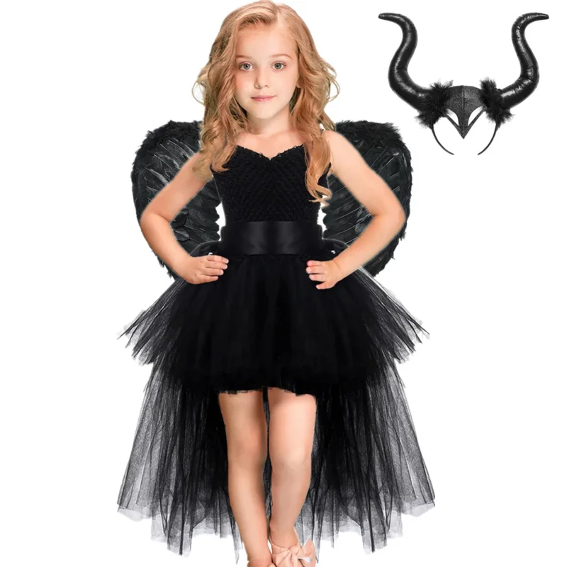 Girls Black Devil Unicorn Tutu Dress V-Neck Train Fallen Dark Angel Fancy Party Dress Carnival Halloween Costume for Kids 1-14Y