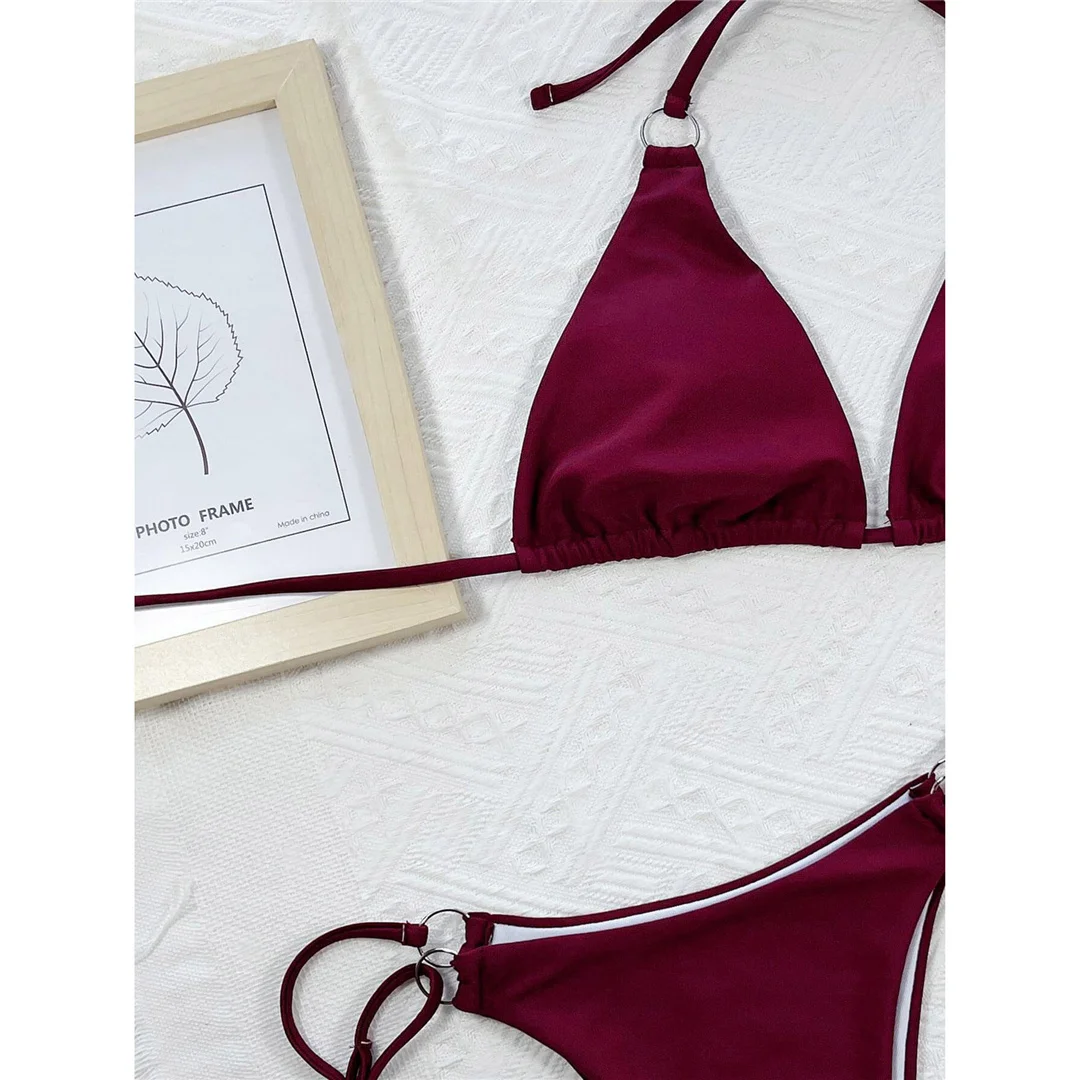 Sexy Neckholder-Bikini mit hohem Beinausschnitt und Metallring, Damen-Badeanzug, zweiteiliges Bikini-Set, Badebekleidung, Badeanzug, Modell V3142 – Detail 19