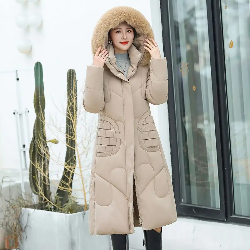 

Winter Women's Down Cotton Jacket Commuting Long Windproof Hooded Cotton Jacket