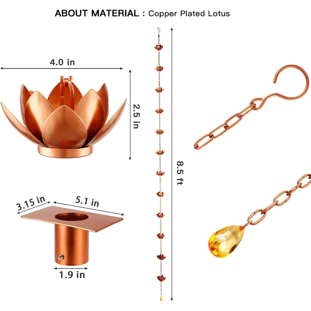 8.5ft Rain Chain for Gutters Downspouts Outside, Copper Plated Lotus Rain Chain Cups, Functional and Decorative Replacement for