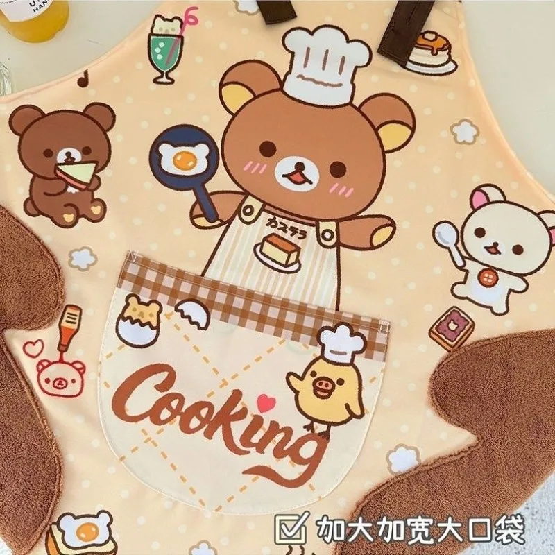 Cute Rilakkuma chef print kitchen apron with hand towel pocket waterproof and oil-proof adjustable cooking bib home baking apron