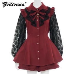 SC Japanese Style New Cross Bow Lace Sleeve Mine Lolita Dress Top and Shorts Two Piece Set Girl Women's Sweet Shorts Set Outfits