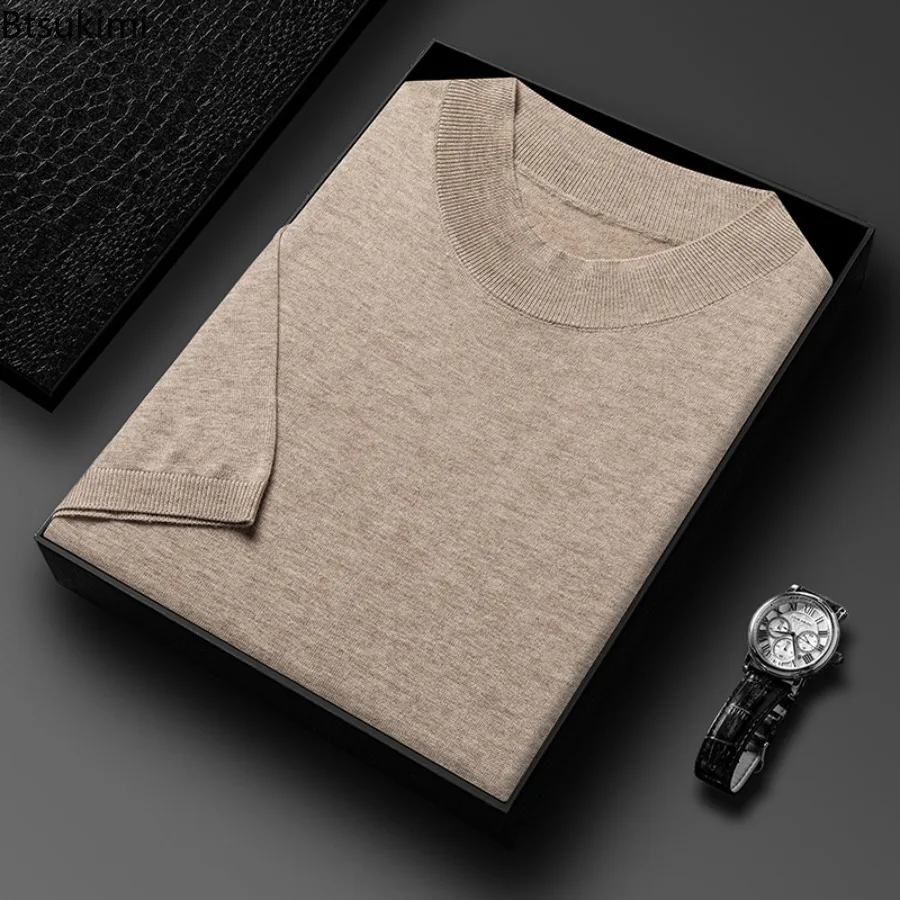 

High-grade Wool Sweaters for Men Spring Summer Thin Knitted Short Sleeve Crew Neck Pullovers Solid Casual Tops Men Base Sweaters