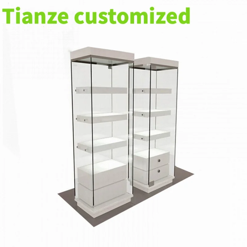 Customized-silver jewelry shop wood glass tower display showcase lighted tower display