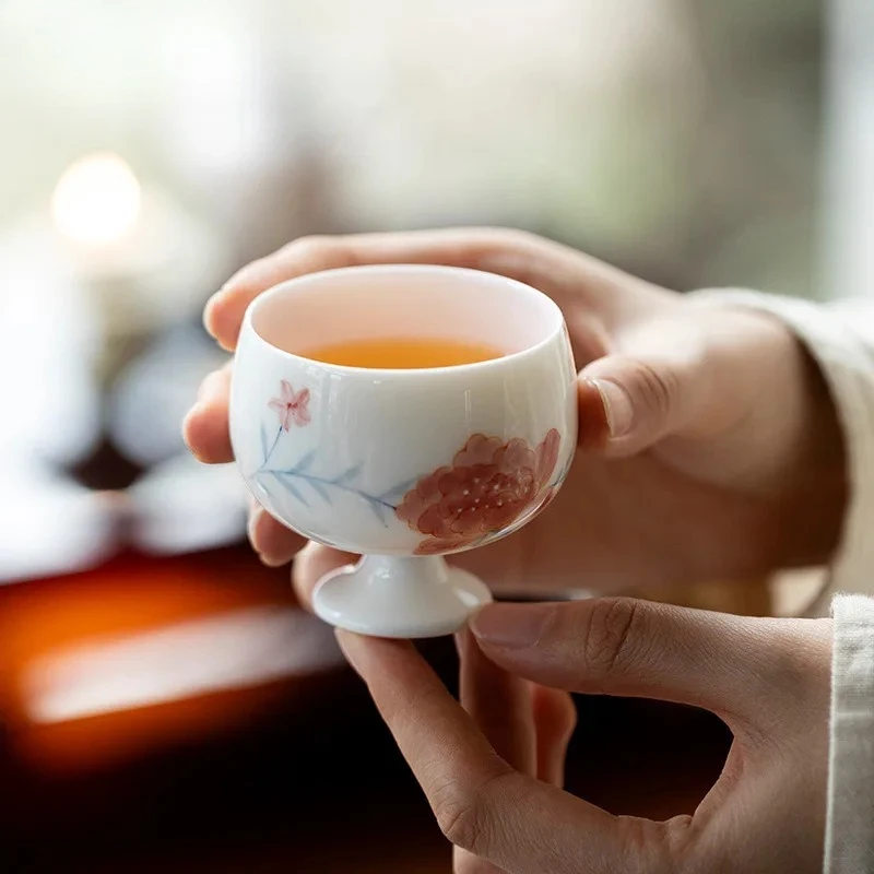 

90ml Hand Drawn Peony Flower Teacup Arita Porcelain High Footed Tea Bowl Master Cup Meditation Cup Coffee Mug Tea Ceremony Gift