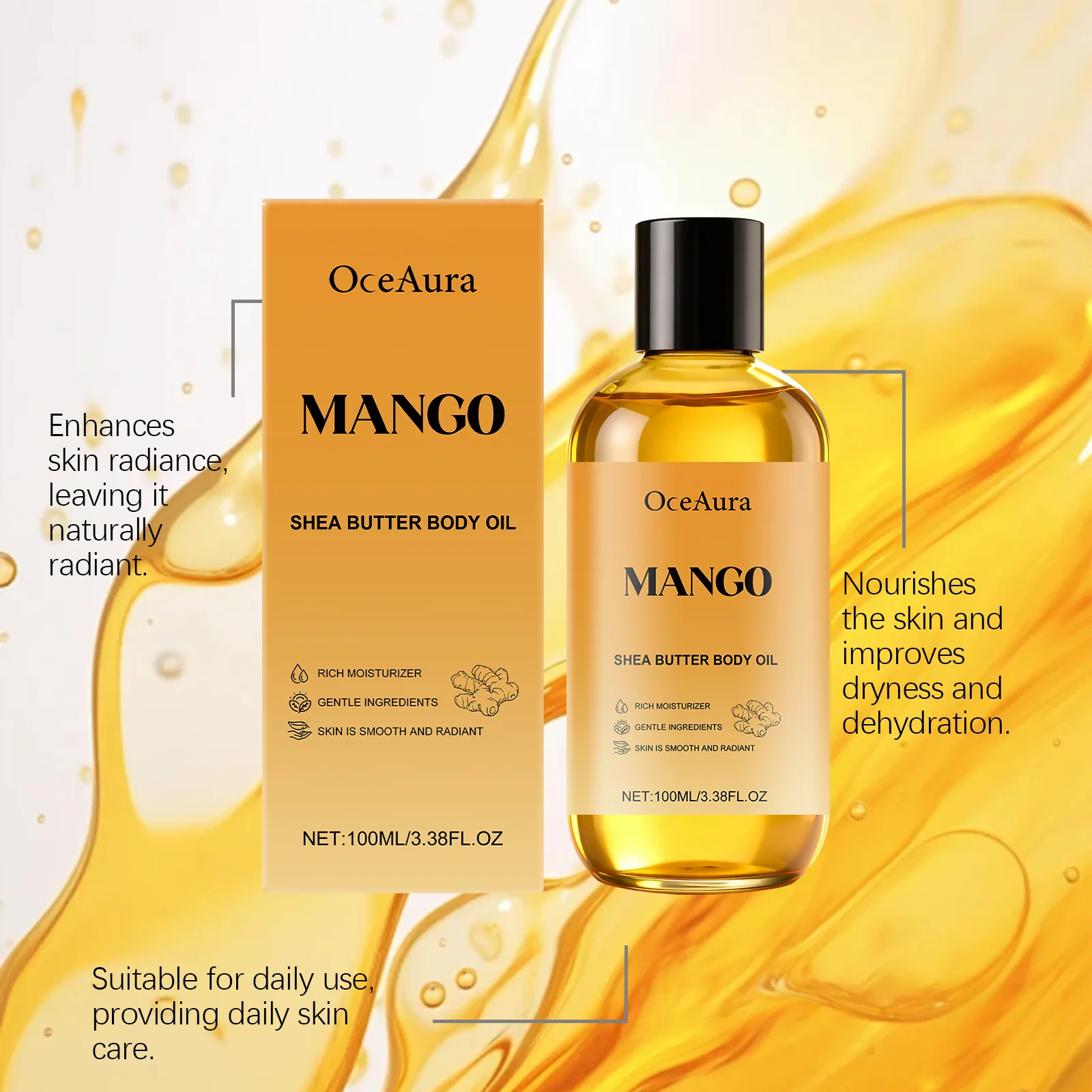 

OCEAURA Mango Shea Butter Body Oil Improve Drying Enhance Elasticity Firm Skin Shrink Pore Whitening Massage Body Moisturize Oil