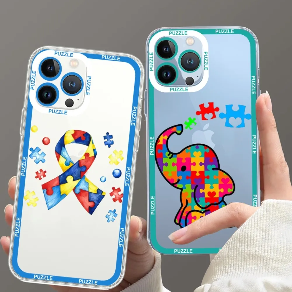 Puzzle Autism Awareness Phone Case For Samsung S20 S21 S22 S23  Ultra Plus S10 Transparent Border Shell