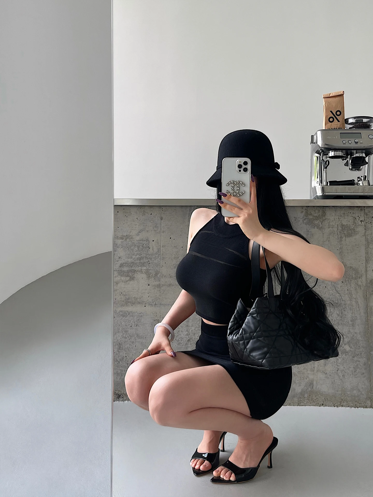 Young Girl Day Pure Desire Sexy Mesh Hollow out Sleeveless Knitted Vest High Waist Bodycon  Skirt Two Piece Set for Women image 4