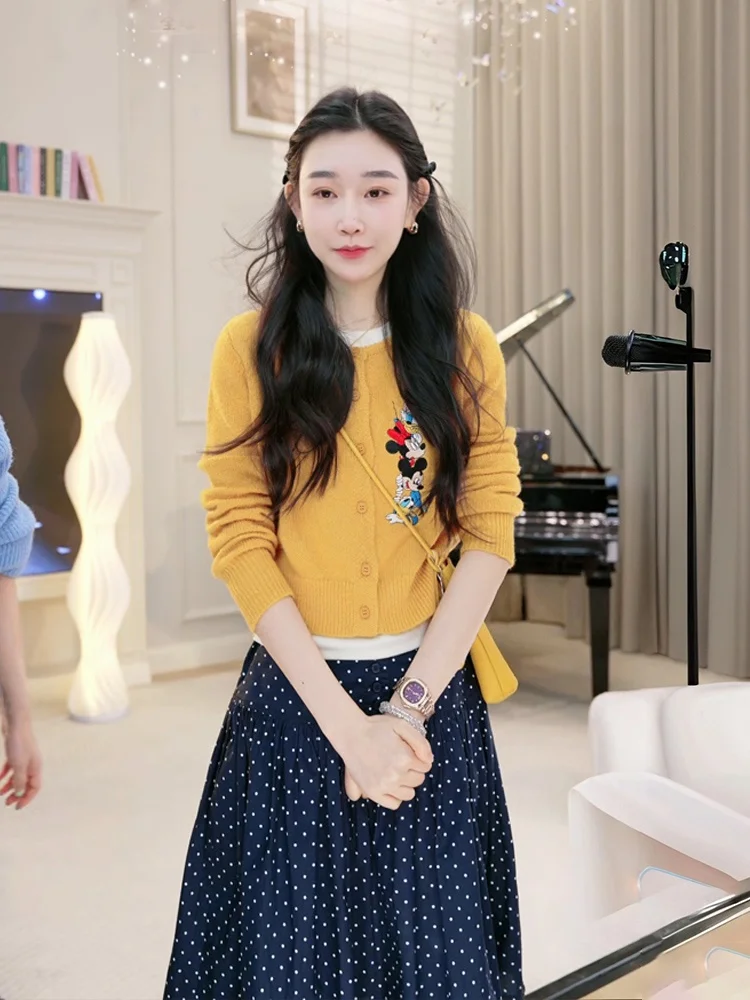 

OUDOCKEE Spring 2026 Women's Knitted Sweater Cardigan Embroidered Cartoon Design Unique Style Polyester Fiber Long Sleeve