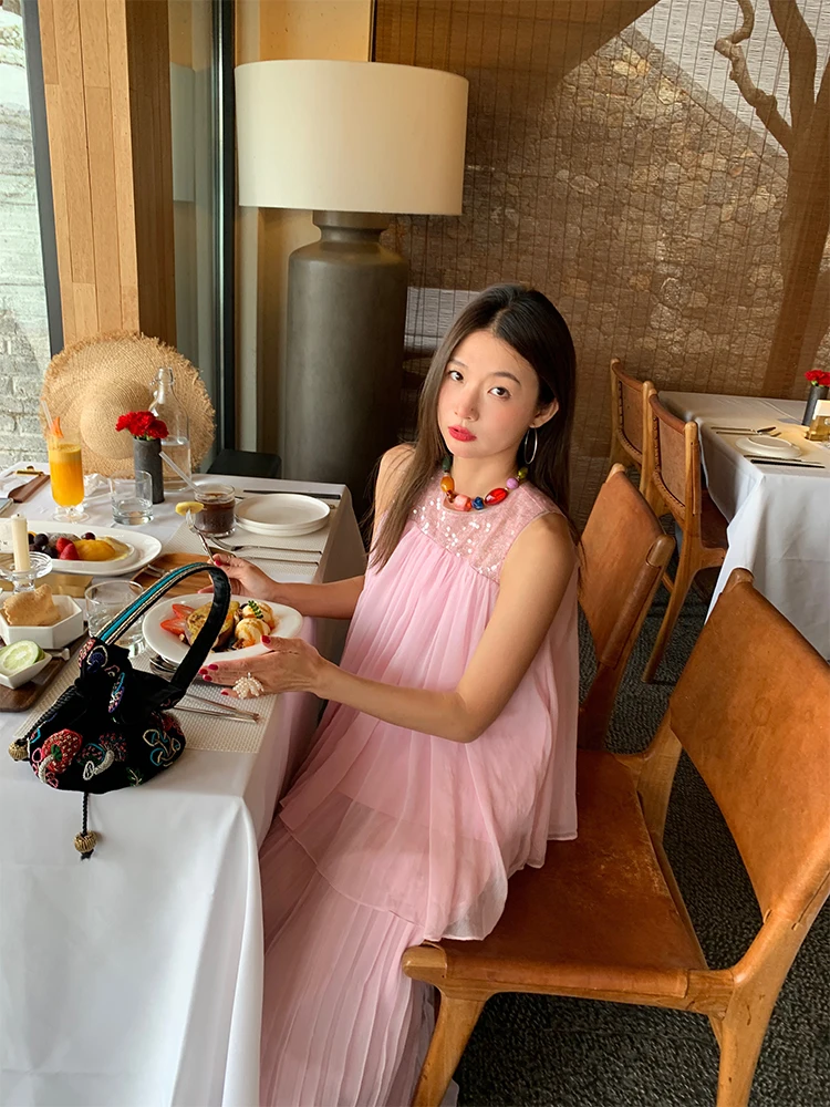 

Salt Series Light Maturi Two-Piece Set Pink Sequin Splice Chiffon Vest A-Line Skirt Women's Faion Ensemble round Ne