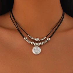 SHIXIN Vintage Multilayer Leather Rope Chain Plastic Beads Choker Short Necklace Women Simple Imitation Pearl Pendant Necklace