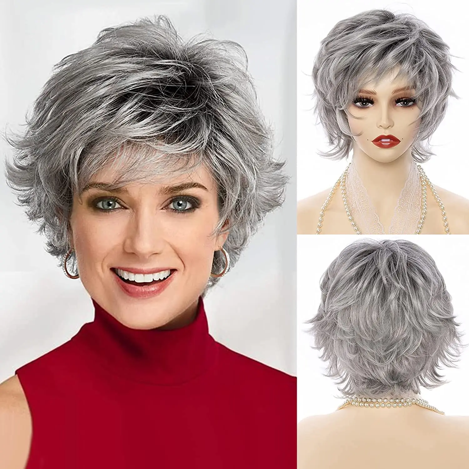 Short gray Curly Synthetic Layered Wig with Bangs for White Women Mixed Ombre gray Wavy Layered Hair Wig Fluffy Wig for Daily Pa