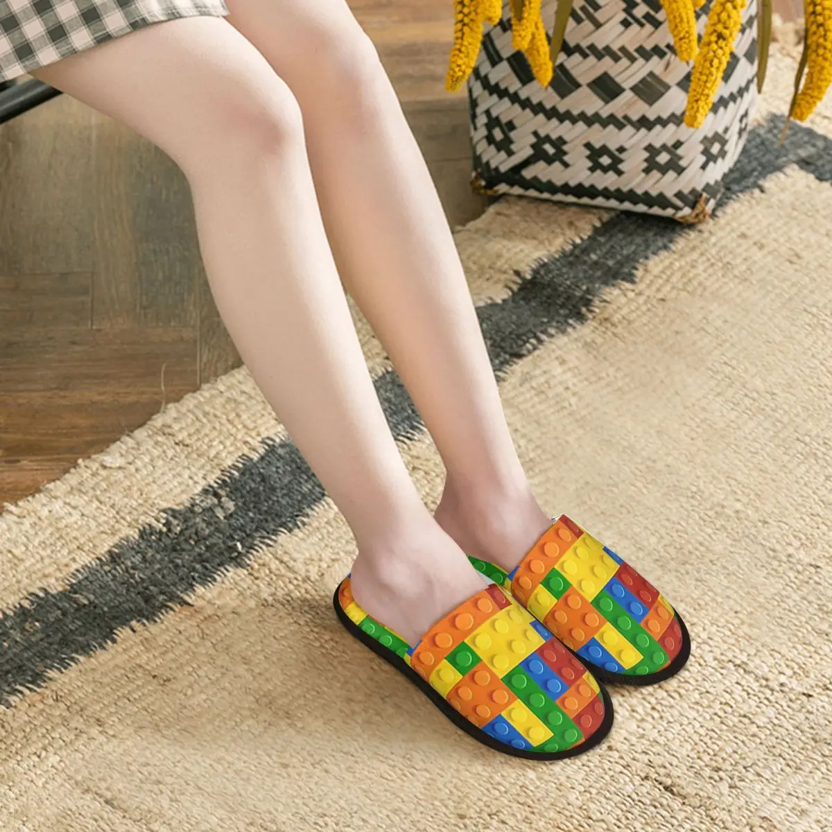 Custom Building Blocks Construction Brick Slippers Memory Foam Warm Soft Women House Slipper Bedroom Comfy Shoes