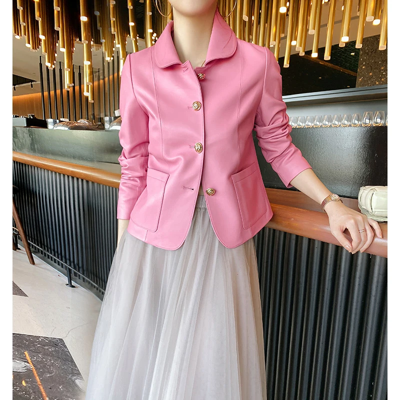 Chic Pink Genuine Sheepskin Jacket for Women Fashion Short Single-breasted Female Lapel Collar Full Sleeve Leather Jackets Coats