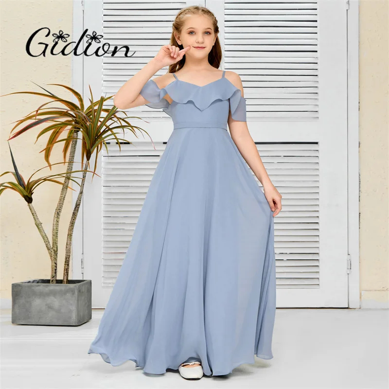 Schulter freie Chiffon Junior Brautjungfer Kleid Hochzeit Geburtstags feier Abschluss feier Festzug Event Ballkleid Abschluss ball für Kind