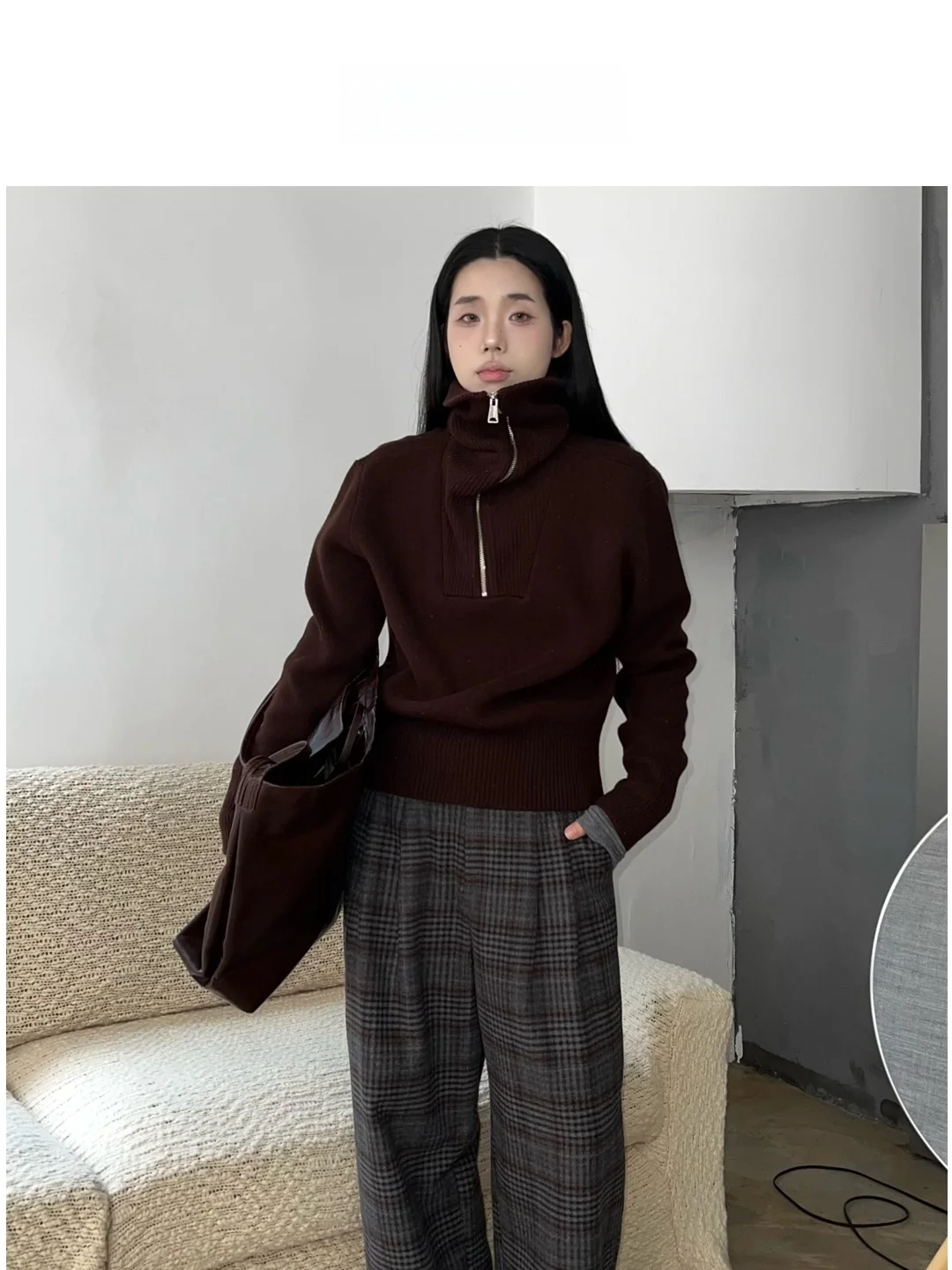 

Женский шерстяной свитер LOOMIE: осенняя новинка, винтажный стиль, застежка-молния, приталенный крой, для повседневной носки, с открытым воротником, длинный рукав, вязаный, высокий воротник