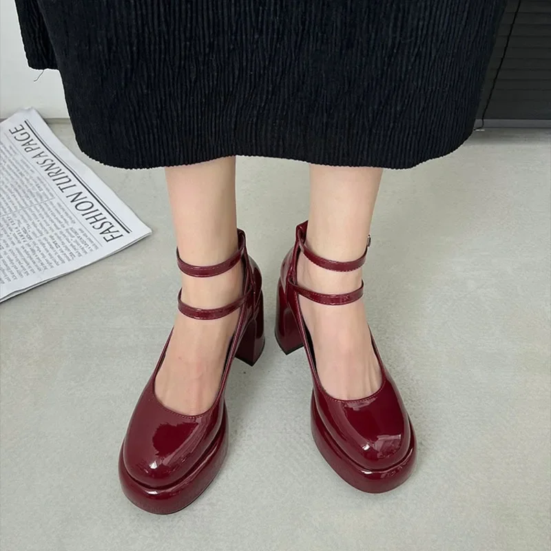 Platform Women Mary Jane Shoes Fashion Elegant Double Buckle Thick Heel Shoes Ladies Dress Pumps Retro 7cm High Heel Party Shoes