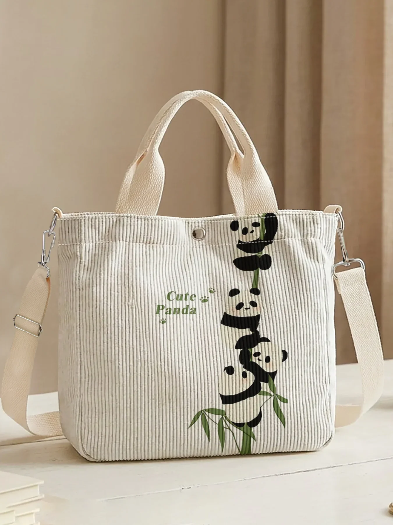 Cute Panda Bamboo Print Corduroy Crossbody Tote Bag, Large Capacity Shoulder Bag for Work School Daily Use