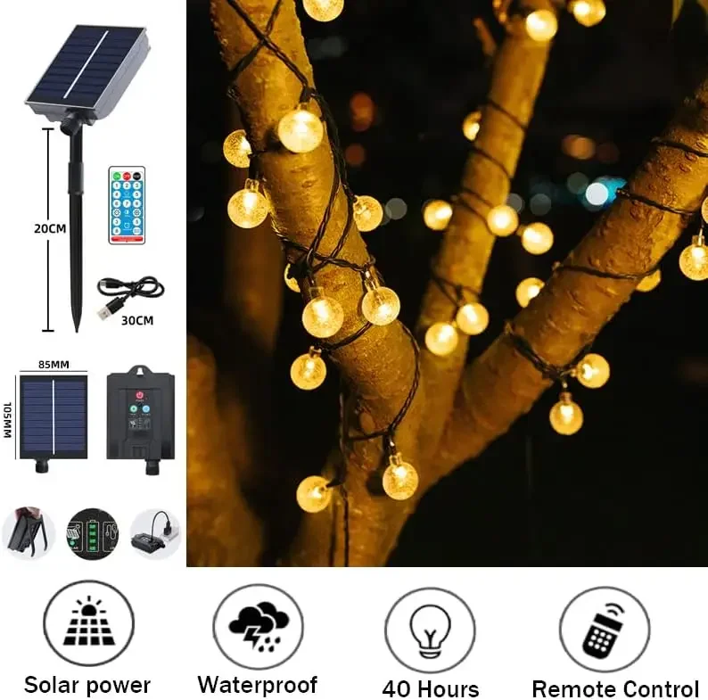 100LED Solar Globe String Lights Outdoor Waterproof 8 Mode Crystal Decorative Christmas Fairy Lights for Indoor Holiday Camping