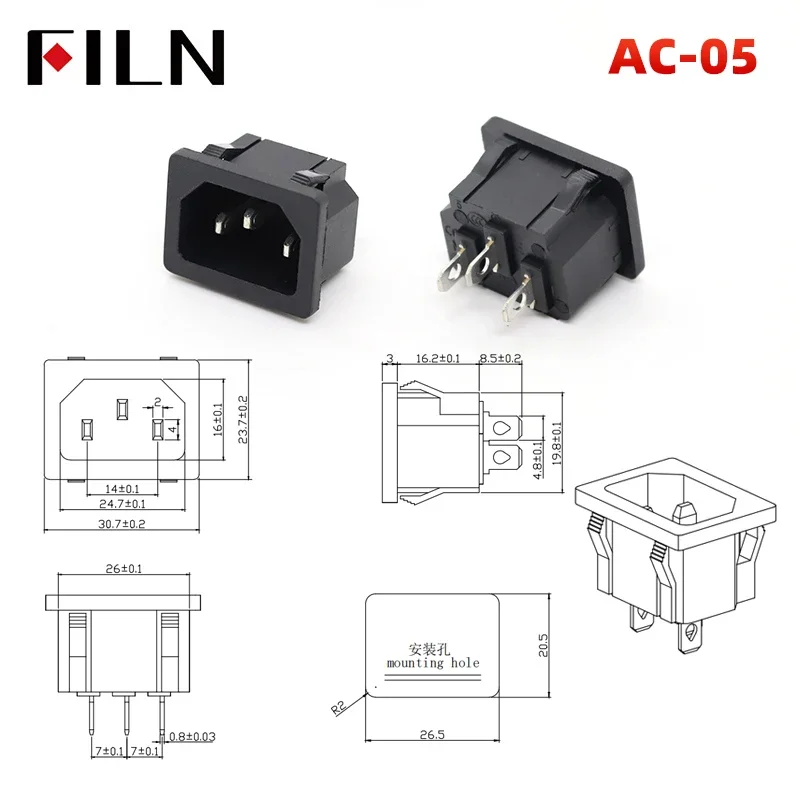 FILN IEC320 3 Pin Red LED 250V Rocker Switch 10A Fuse Female Male Inlet Plug Connector 2 Pin Socket Mount Electrical AC Socket