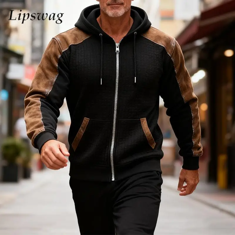 

Уличная повседневная вафельная лоскутная куртка с капюшоном, мужская осенне-зимняя повседневная верхняя одежда на молнии для отдыха, мужская винтажная куртка на шнурке, пальто