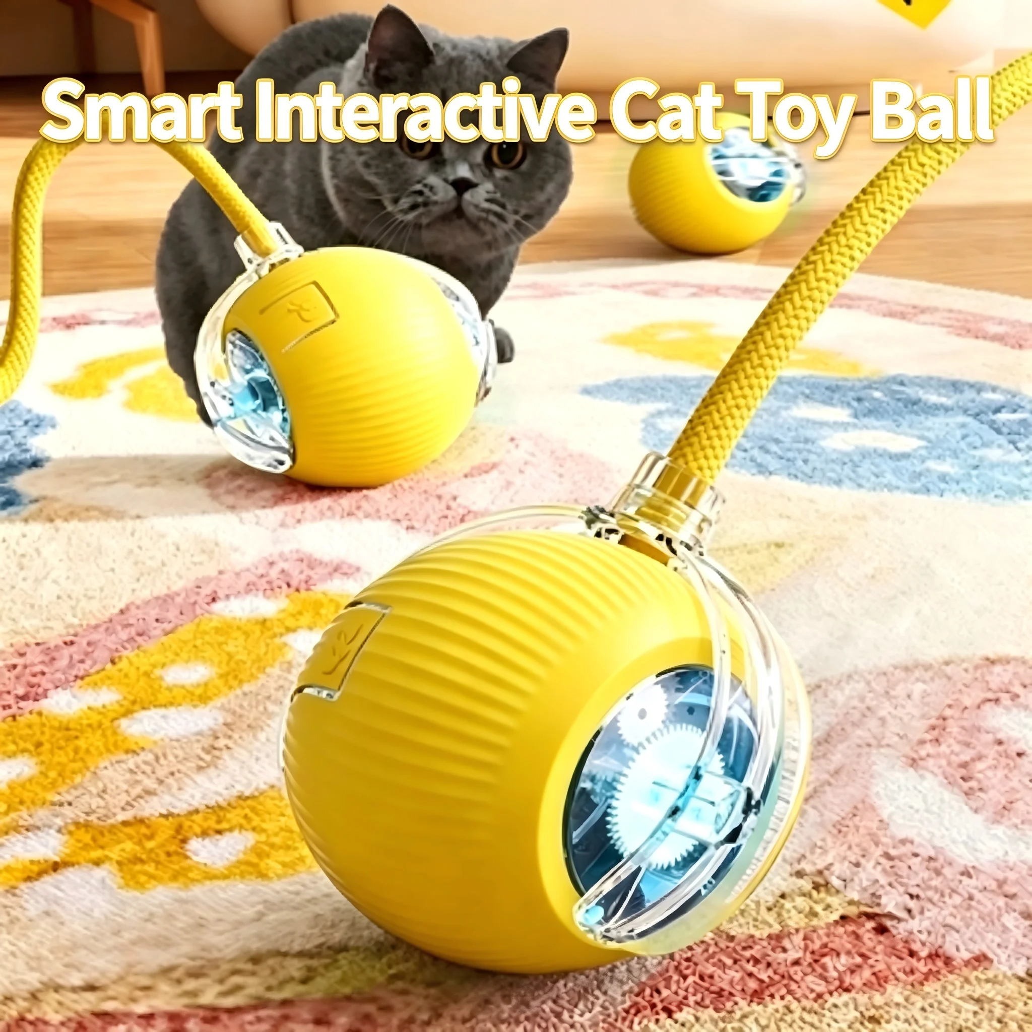 Smart Obstacle Avoidance Cat Ball Toy Adjustable Speed Electric Self Rolling Interactive Ball With Long Elastic Rope For Play