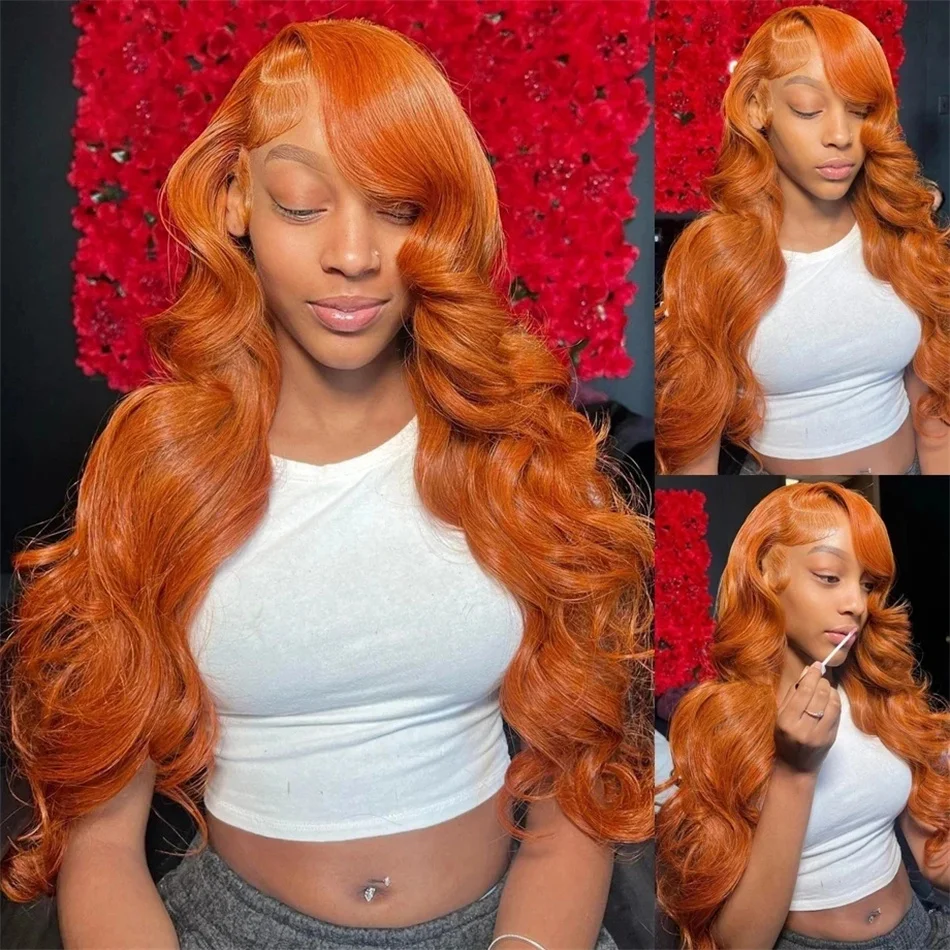 13x4 Transparent Lace Frontal Wig Ginger Orange 350# Body Wave Lace Front Wig Colored Human Hair Wigs For Women Pre Plucked