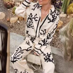 Female Print Suit Women Casual Loose Lapel Long Sleeve Button Blouse Wide Leg Trousers 2024 Spring Summer Soft Commute Outwear