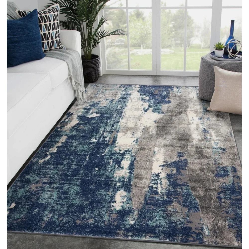 Blue 8×10 modern abstract carpet,high gloss area carpet,does not fall off,dirt resistant,perfect for living room and dining room