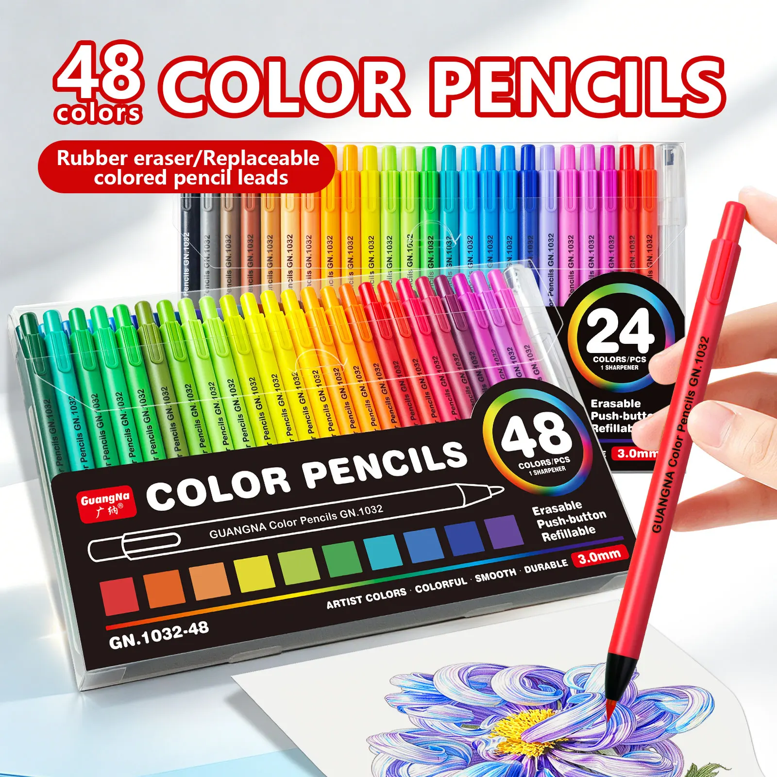 GuangNa 24-48 Colors Click Colored Pencils 3.0mm Soft Oily Lead Mechanical Pencils for Student Art School Supplies Stationery