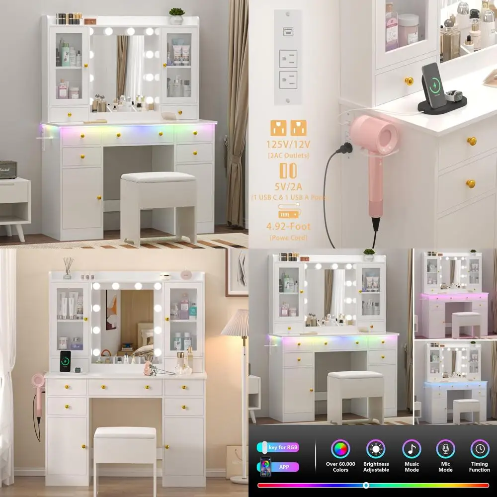 مكياج أبيض فاخر مقاس 43 بوصة مع مرآة وإضاءة و5 أدراج وخزائن زجاجية ومقعد ومخرج طاقة