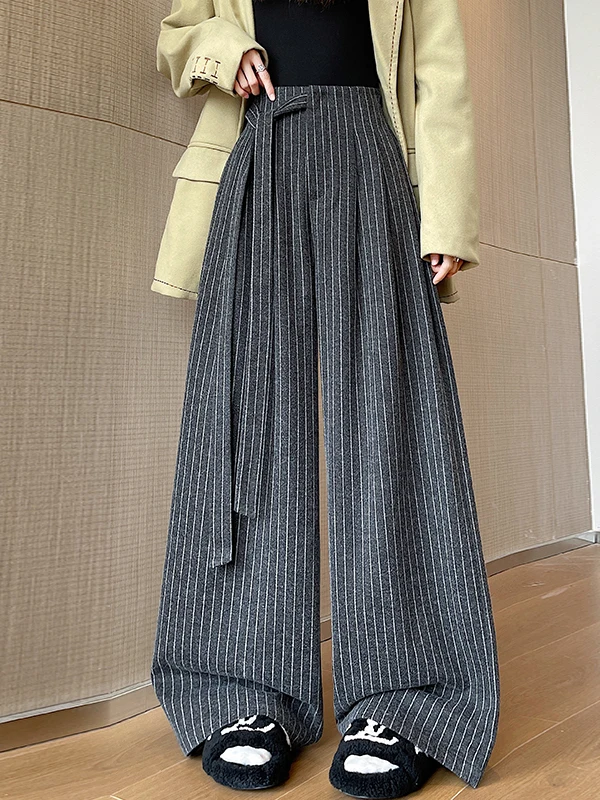 

Осенне-зимние утепленные шерстяные брюки с широкими штанинами для женщин больших размеров, повседневные полосатые брюки, скрывающие недостатки фигуры, комфортные и стройнящие.