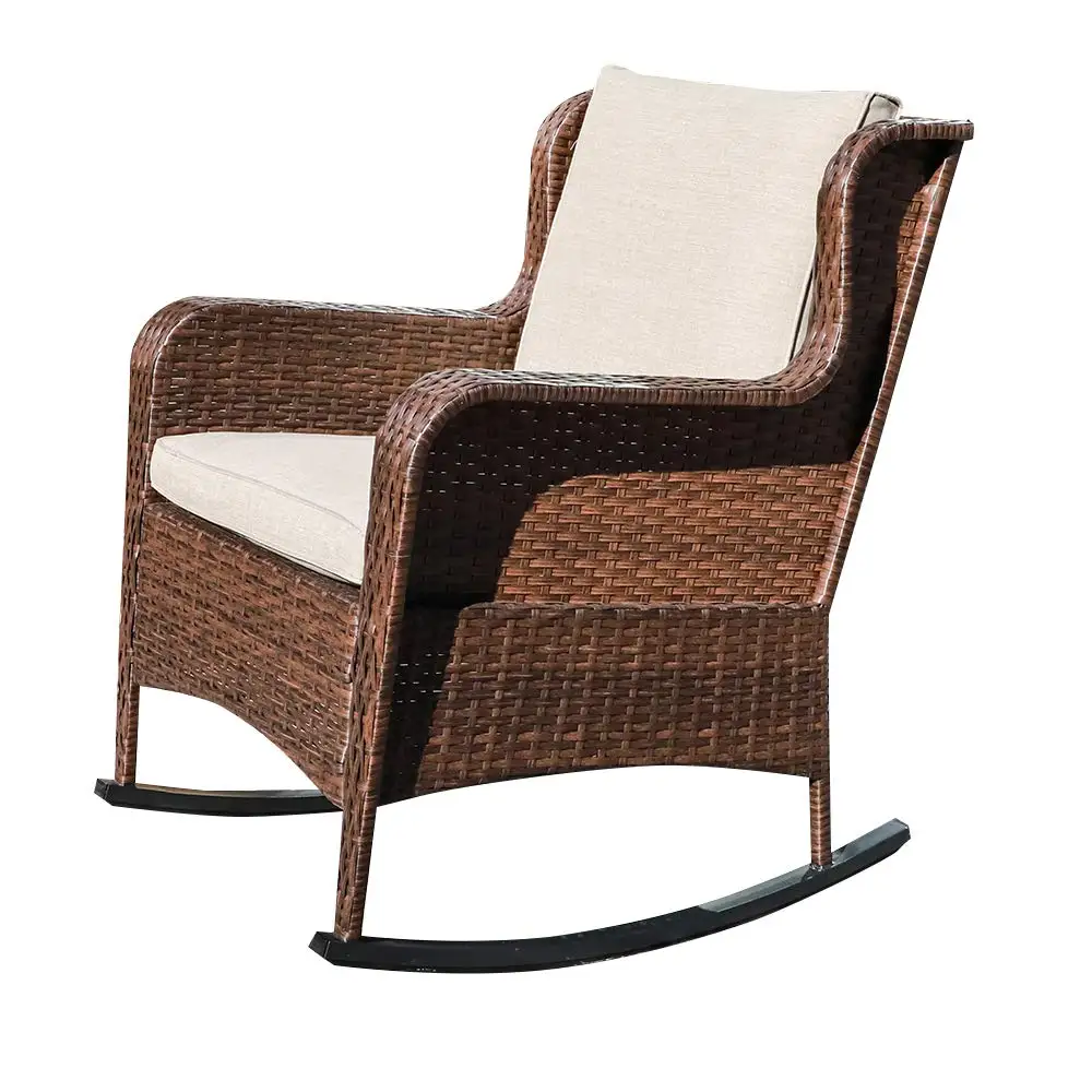 Resin Wicker Rocking Chair Olefin Cushion Patio Yard Club Rocker Brown Beige, Customized view 3