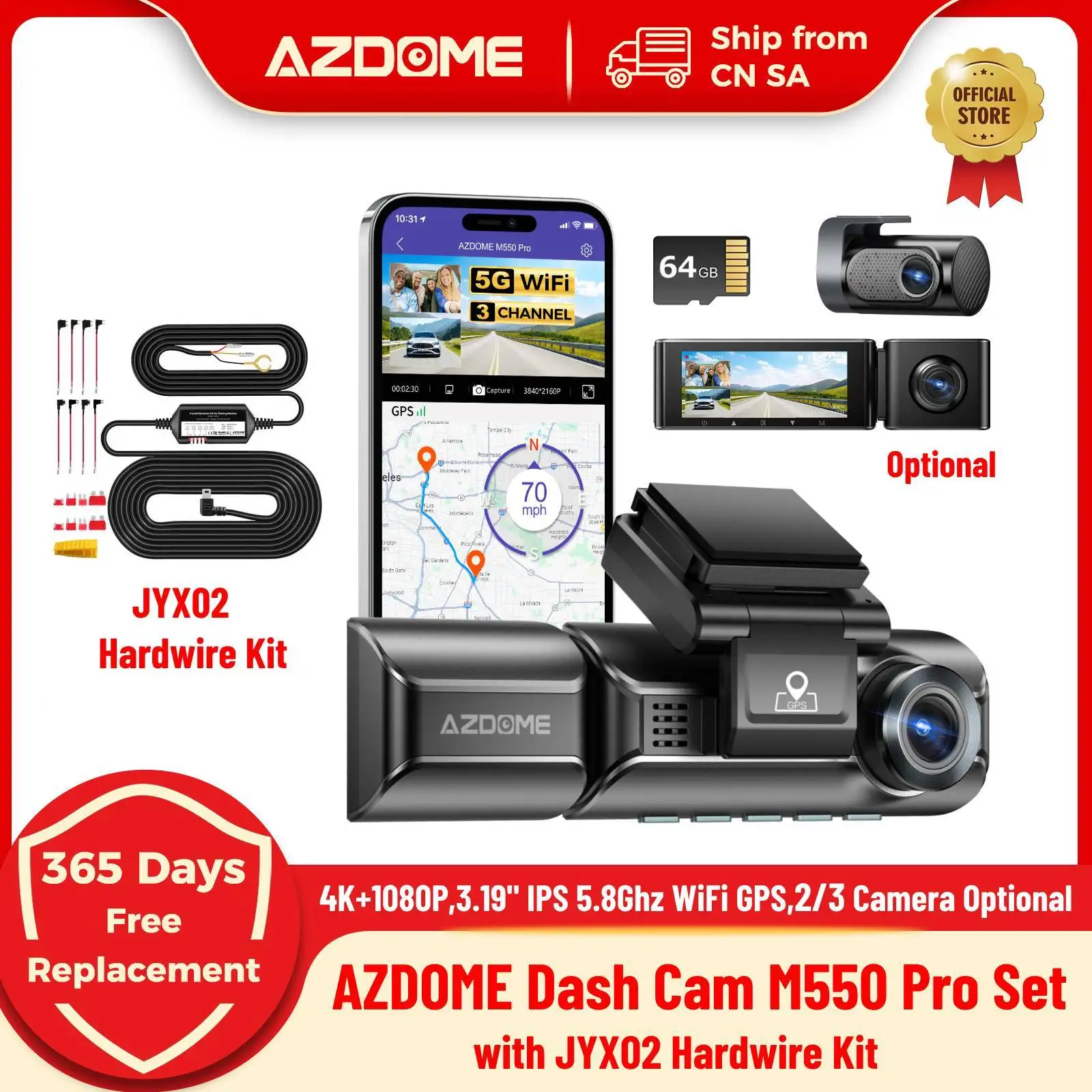 AZDOME Dash Cam M550 Pro Set with Hardwire Kit 4K+1080P 3.19