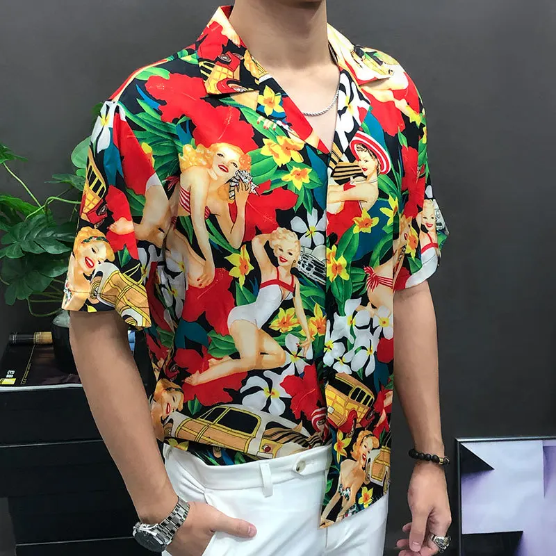 

Hawaii Colorful Flowers Shirt Streetwear Social Party Blusa Camisa Masculina Woman Portrait Print Summer Men Shirt Short Sleeve