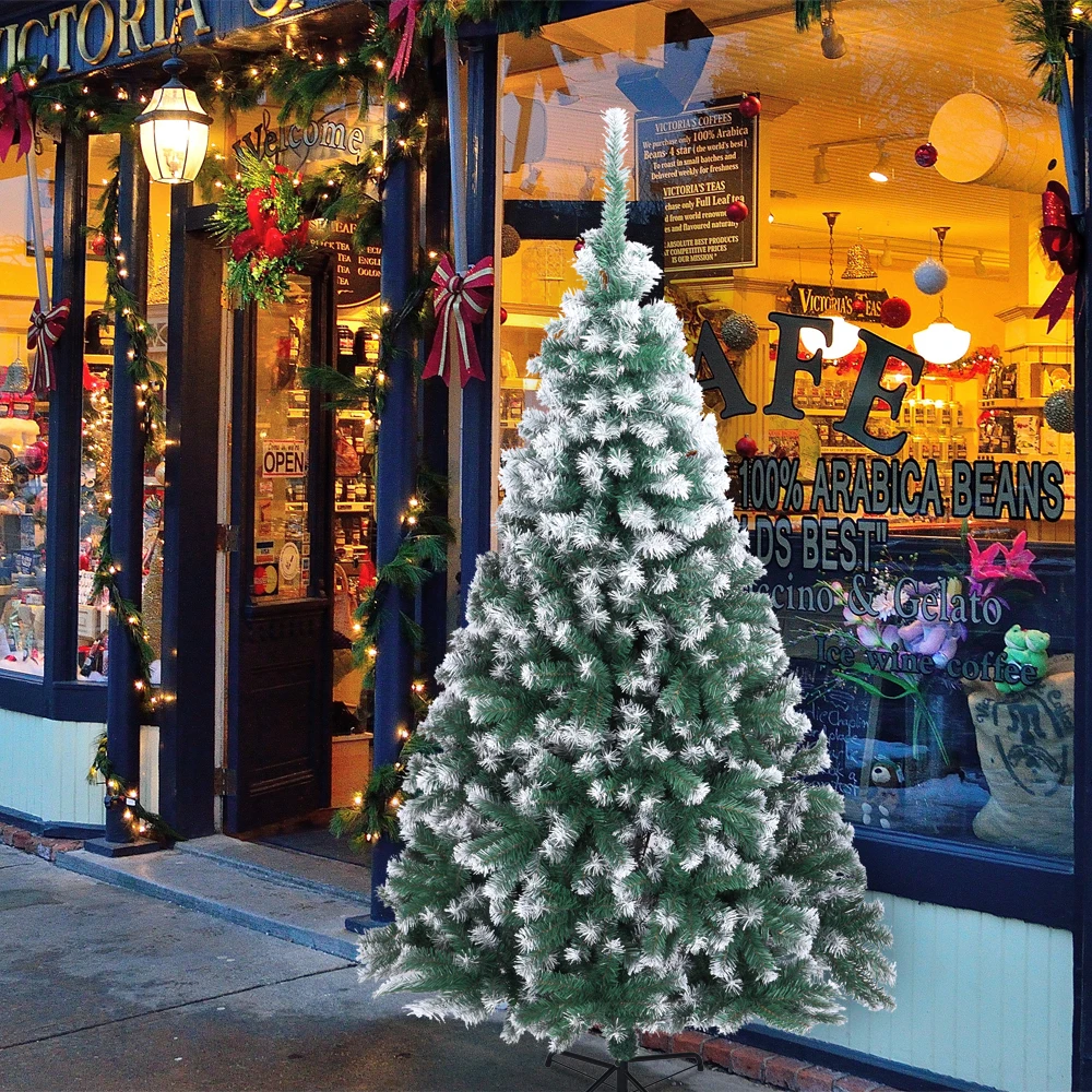 7FT Artificial Christmas Tree 870 Tips Snow Flocked PVC Christmas Tree with Iron Stand, Green Frosted Xmas Tree for Indoor Home Holiday Party Decoration