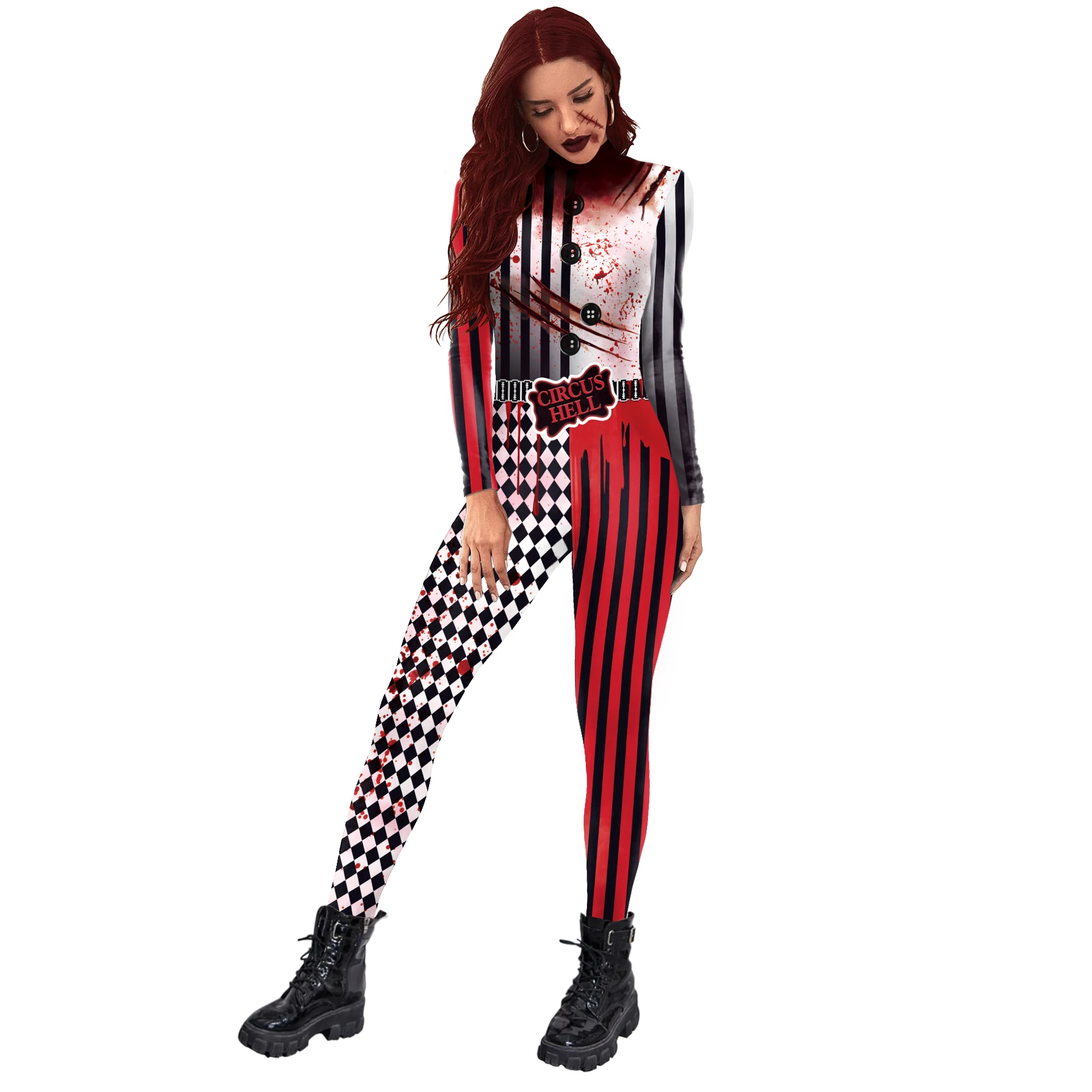 Halloween Clown Cosplay Costume travestimento carnevale tuta Spandex tuta elastica Sexy Zentai Suit Circus Outfit Party Clothes