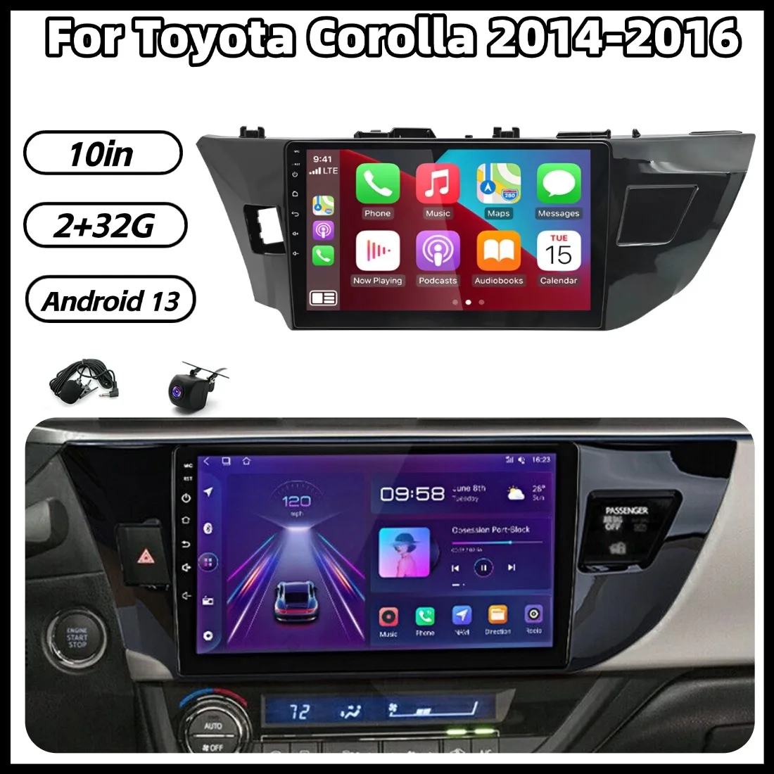 

Автомагнитола 2+32G 10 дюймов Android 13 с GPS-навигацией для Toyota Corolla 2014-2016, поддержка Carplay, Android Auto, Bluetooth