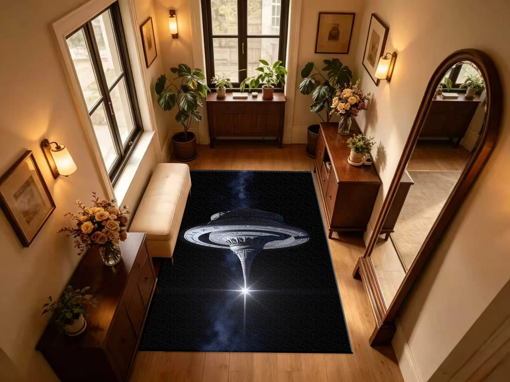 Sci-Fi Space Station Pattern Carpet Flooring Galaxy Universe Themed Floor Mat for Bedroom Study Decoration