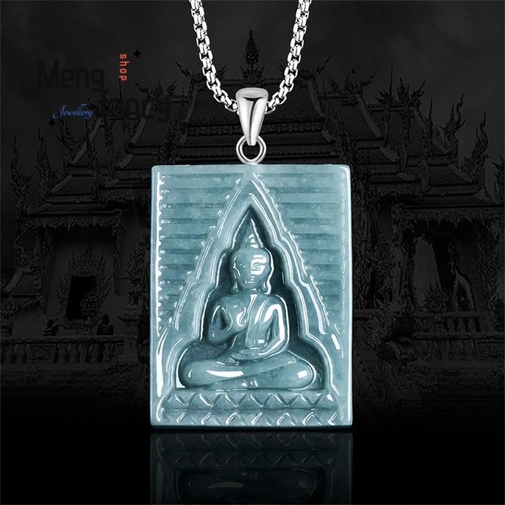 

Natural A-grade Jadeite Blue Water Thai Buddha statues Ice seed Jade Pendant National Style Mascots Fashion Jewelry Holiday Gift