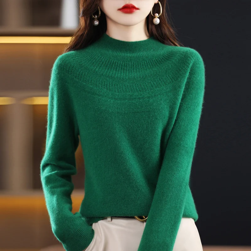 

Cashmere Sweater Women 23 Autumn Winter Seamless Connection Half High Collar Pure Wool Knitting Pullover Hollow Loose Jumper Top