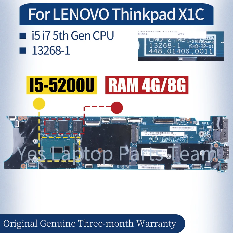 

For LENOVO Thinkpad X1 Carbon 3rd Gen X1C 2015 Laptop I5-5200U i7-5600U RAM 4G 8G MainboardNotebook Motherboard