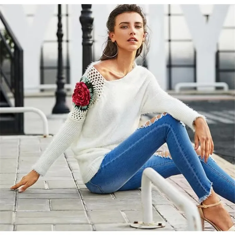 Fashion Autumn Women's V-neck Sweater Strapless Handmade Crochet Flower Sweater Bat Sleeve Long Sleeve Casual Girl Pullover Coat