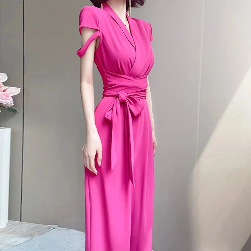 

French Temperament Goddess Fan High Waist Jumpsuit 2024 Summer New Fashion High-End Western-style Slim Jumpsuit Wide-leg Pants